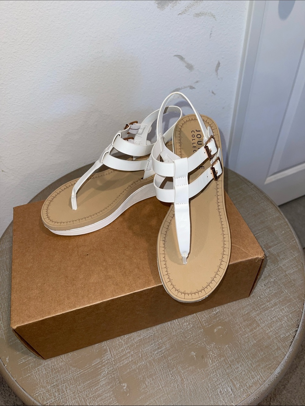 Cole Haan White T-Strap Sandals with Tan Footbed